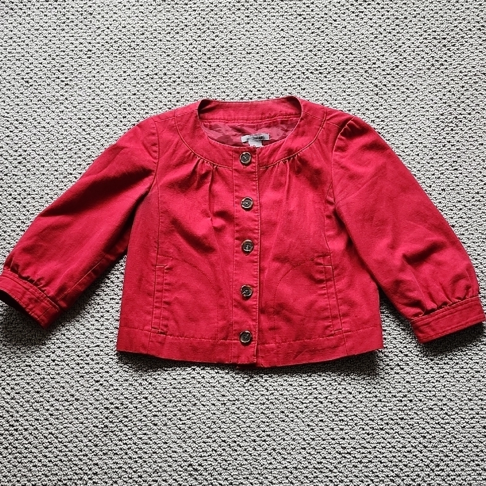 Ann Taylor Barn Red Twill Button-Up Crop Collarless Jacket 3/4 sleeve 4P-Small